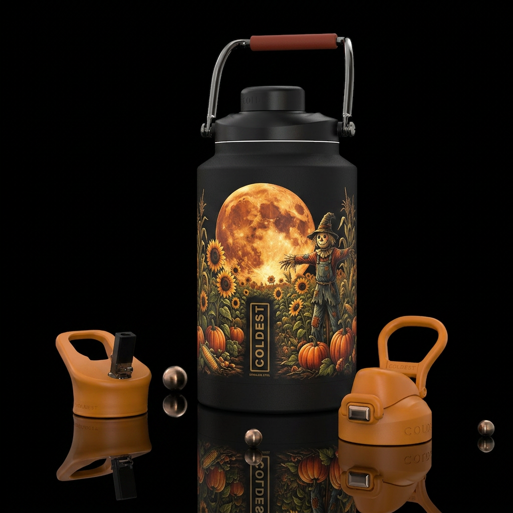 The Harvest moon rises with a garden with a scarec... water bottle design