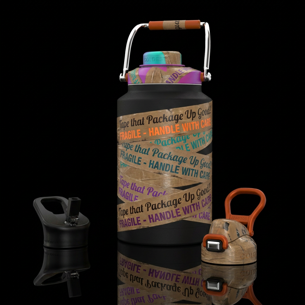 Tape that Package Up Good!!, photorealistic, detai... water bottle design
