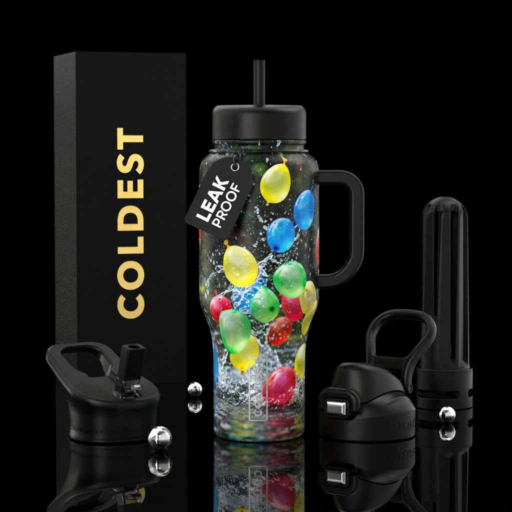 Water balloon fight, photorealistic, detailed, lif... water bottle design