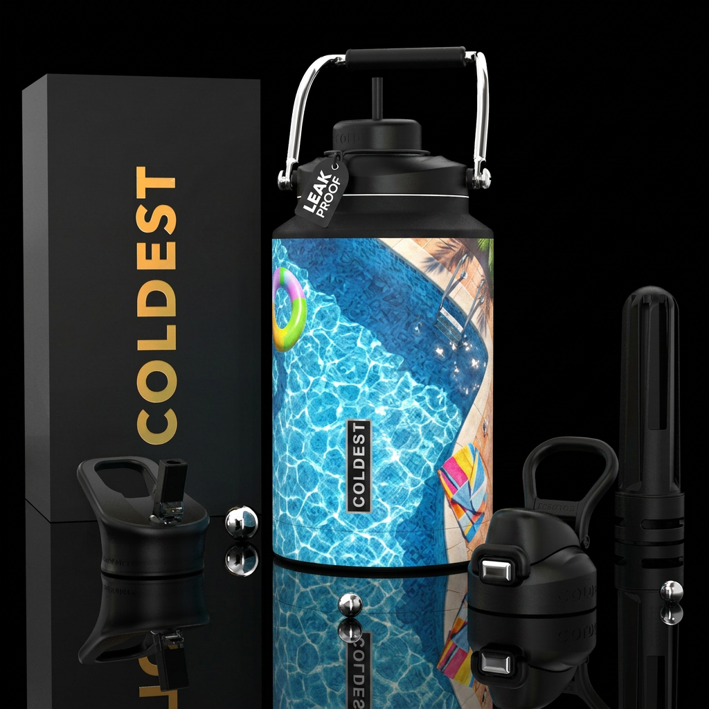 Relaxing at the pool, photorealistic, detailed, li... water bottle design