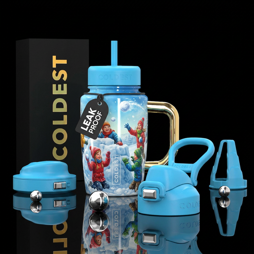 Snowball fight, photorealistic, detailed, lifelike water bottle design