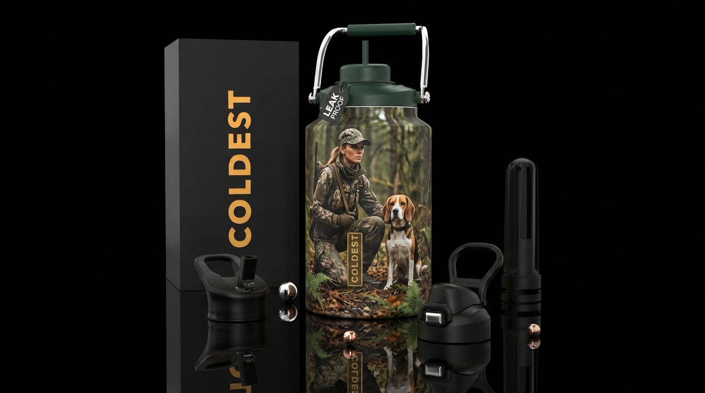 Female hunter with her Beagle, photorealistic, det... water bottle design