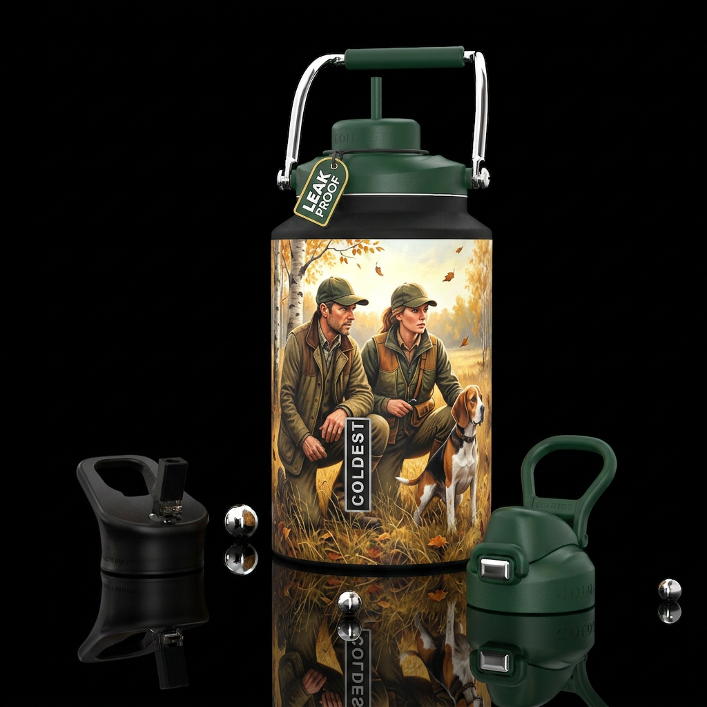 Both male and female hunters with their beagle, ph... water bottle design