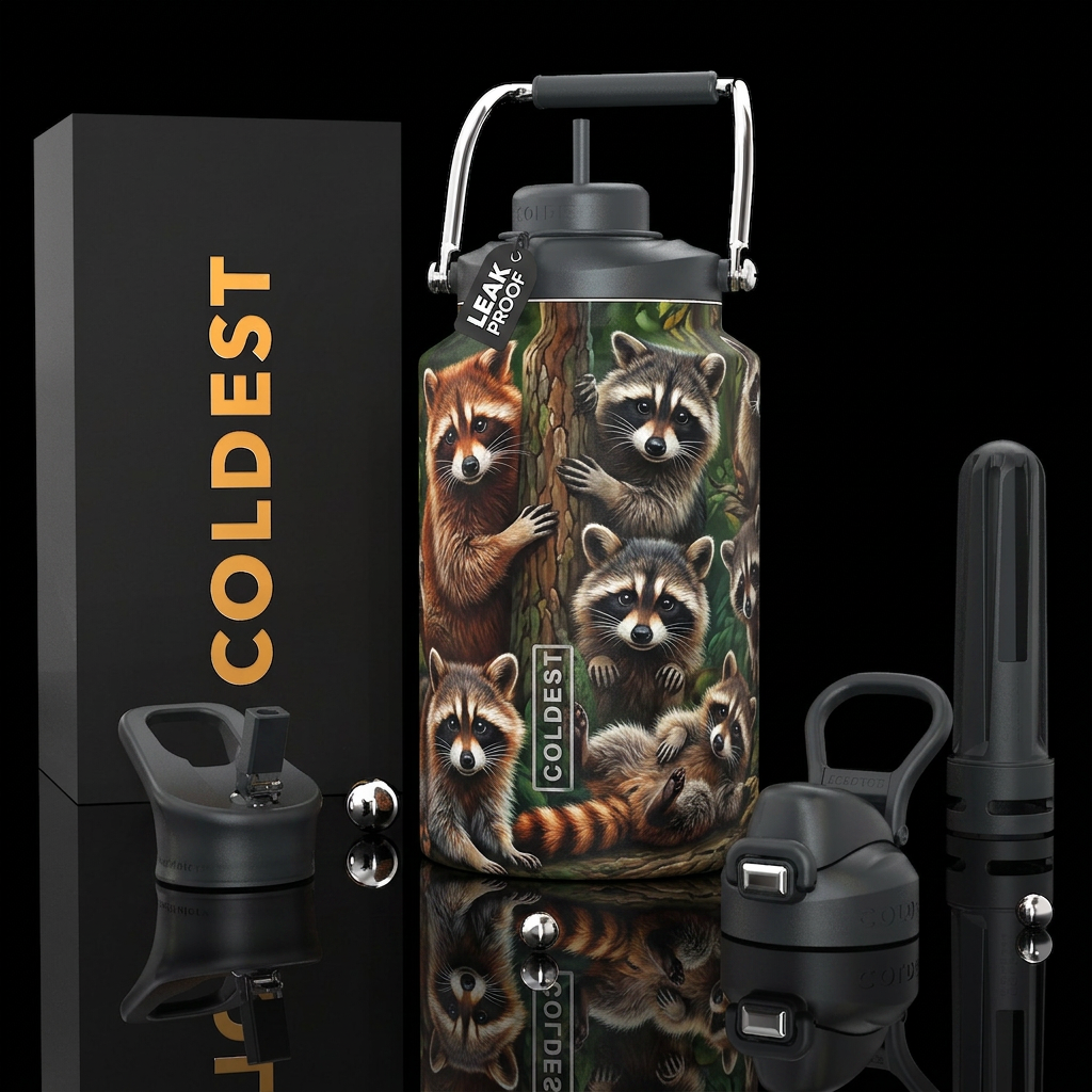 Playful Raccoons, photorealistic, detailed, lifeli... water bottle design