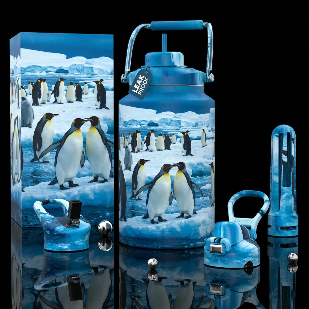 Penguins, photorealistic, detailed, lifelike water bottle design