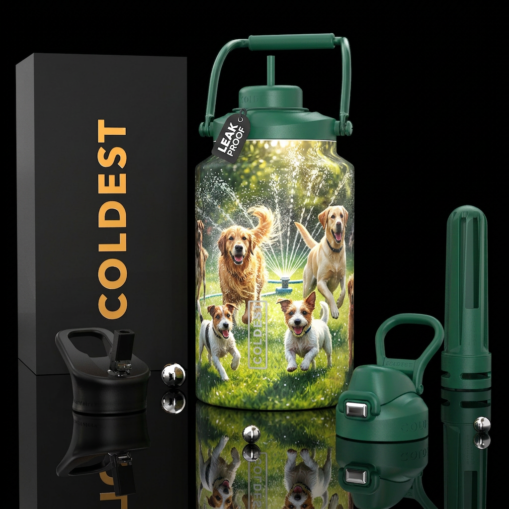Dogs playing in water sprinklers, photorealistic, ... water bottle design