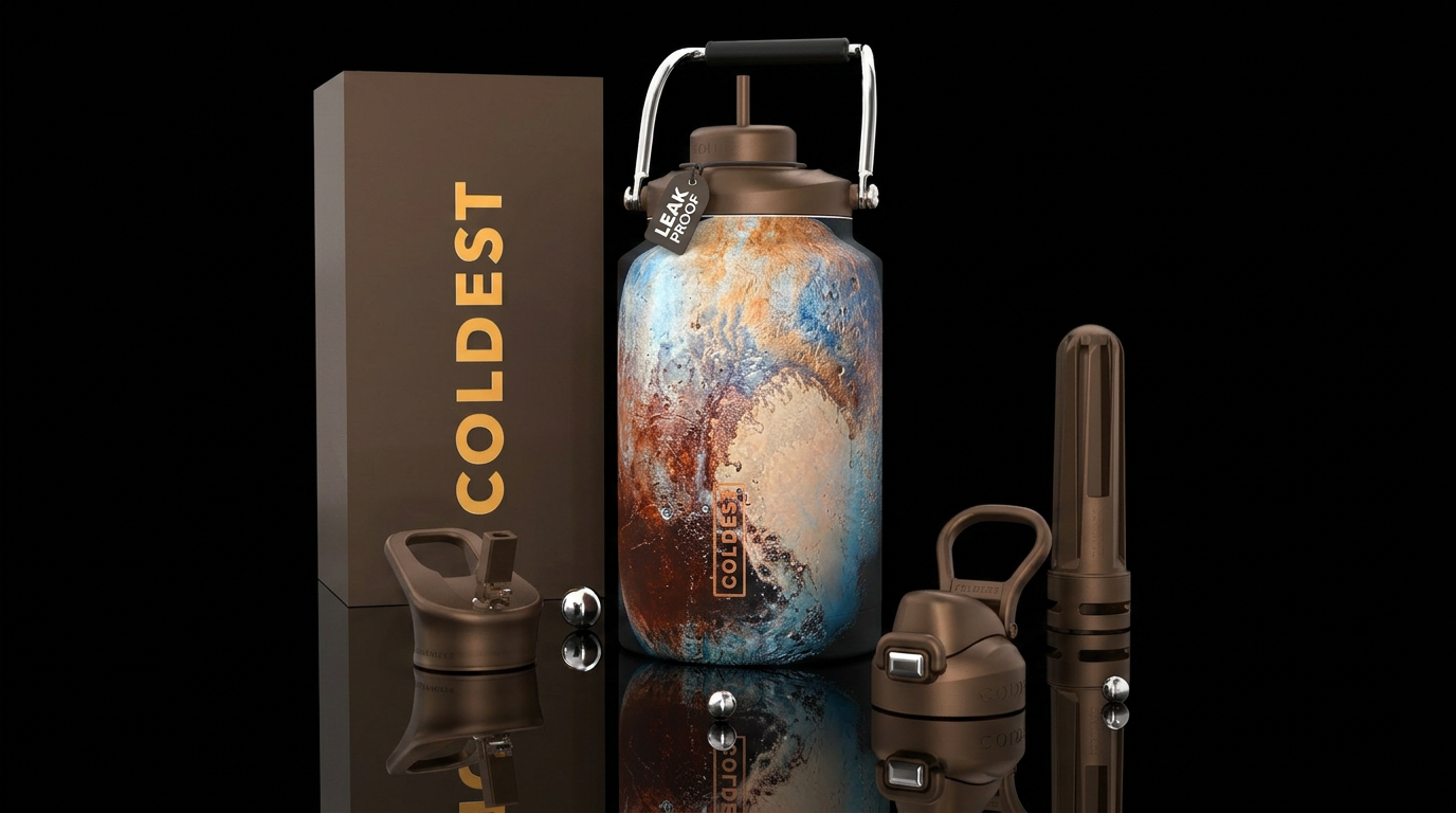 Pluto, photorealistic, detailed, lifelike water bottle design