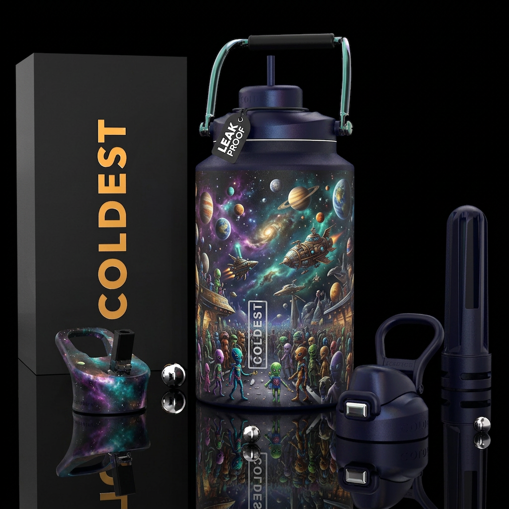 It’s a cosmic parade, photorealistic, detailed, li... water bottle design