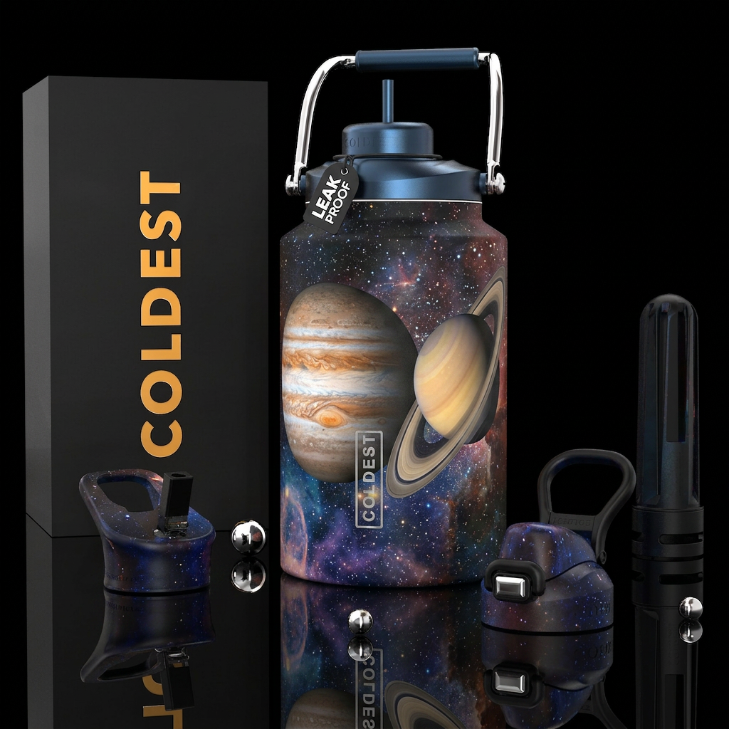 Jupiter and Saturn conjunction, photorealistic, de... water bottle design