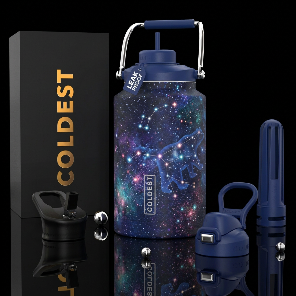 Ursa Major and Ursa Minor, photorealistic, detaile... water bottle design