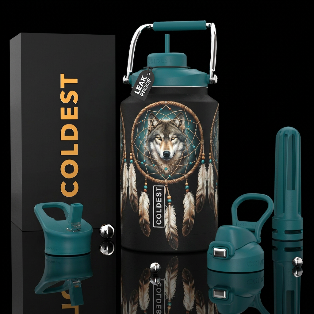 Dream catcher with a wolf print in the middle water bottle design