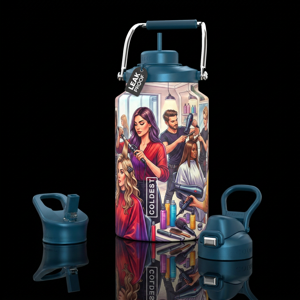 Hair stylists, photorealistic, detailed, lifelike water bottle design
