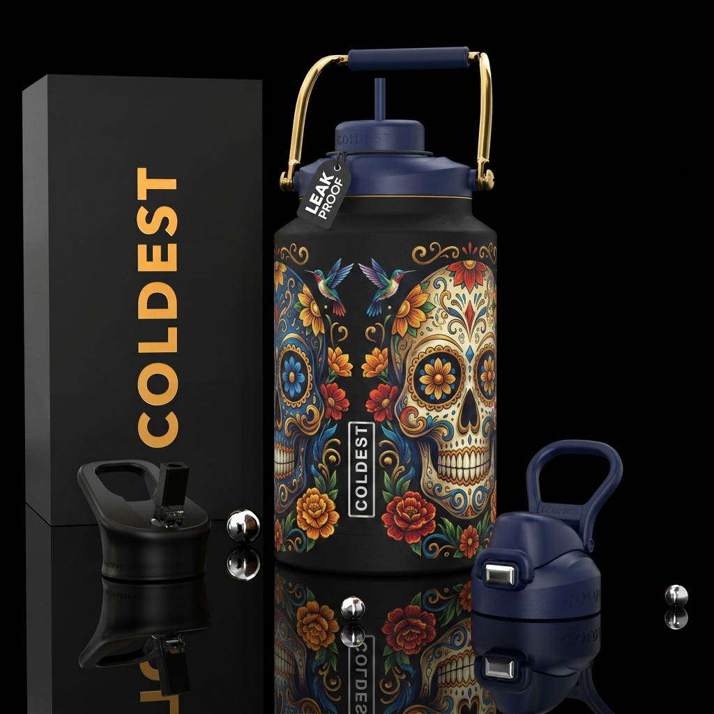 day of the dead, photorealistic, detailed, lifelik... water bottle design