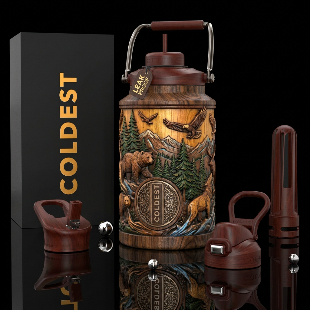 Wood carving, photorealistic, detailed, lifelike water bottle design