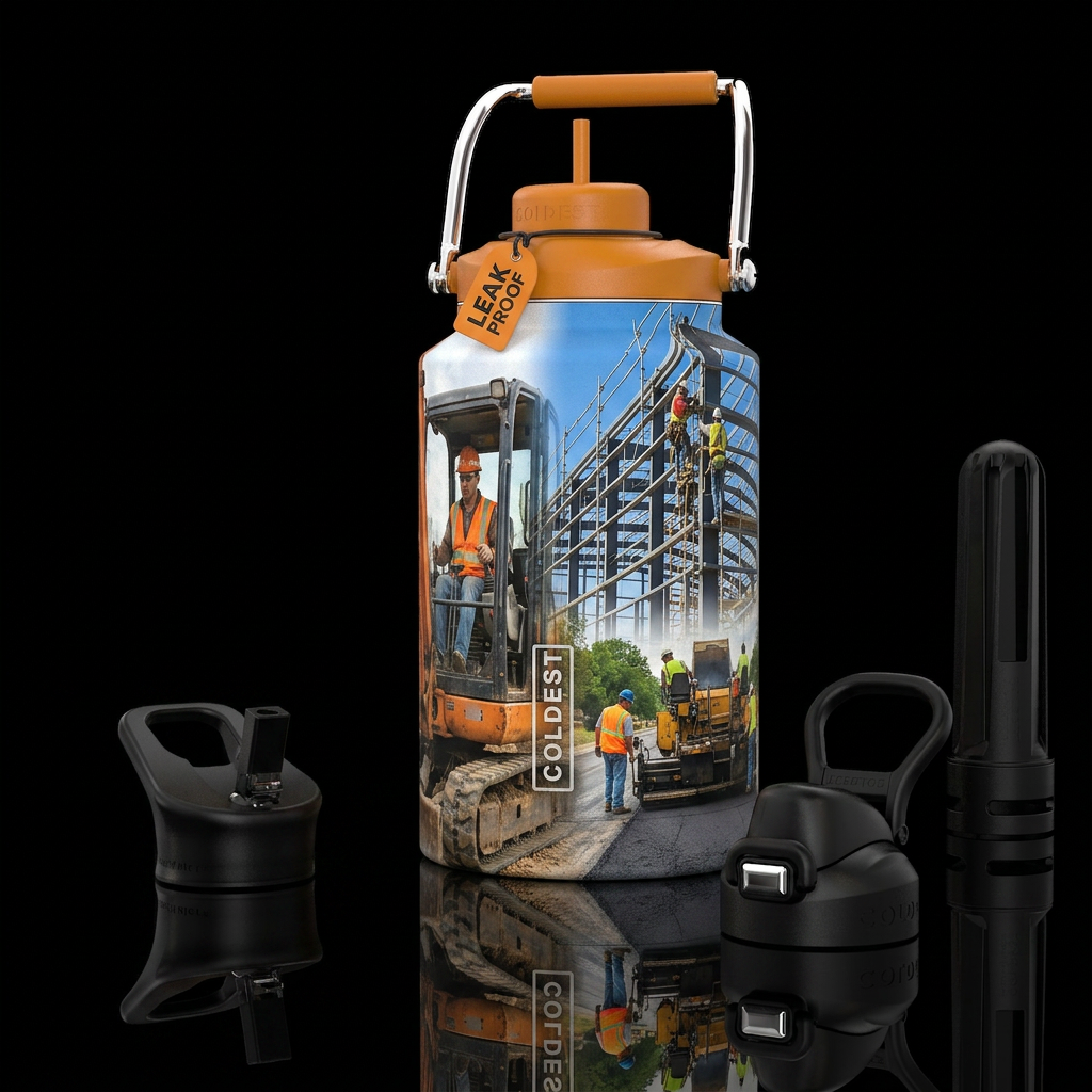 Construction workers, photorealistic, detailed, li... water bottle design