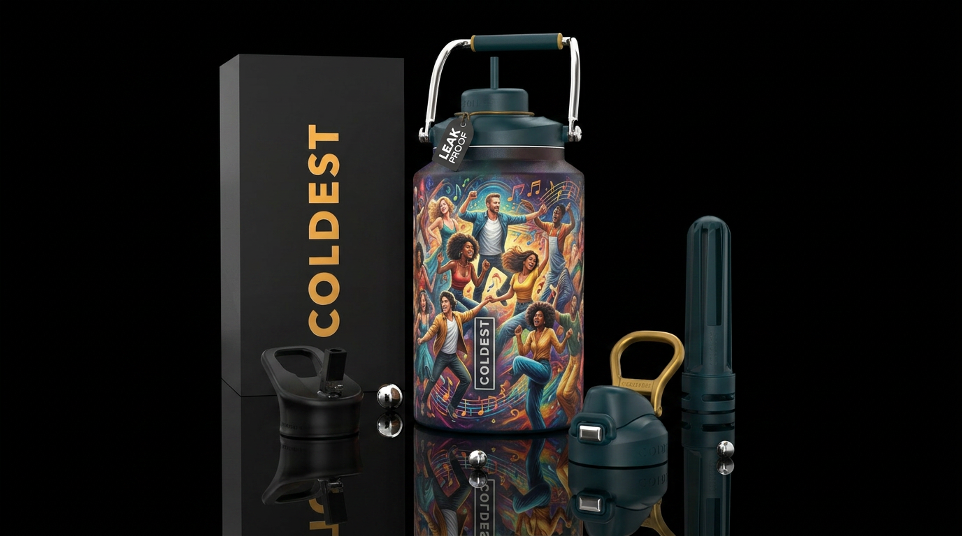 Dancing to relieve stress, photorealistic, detaile... water bottle design