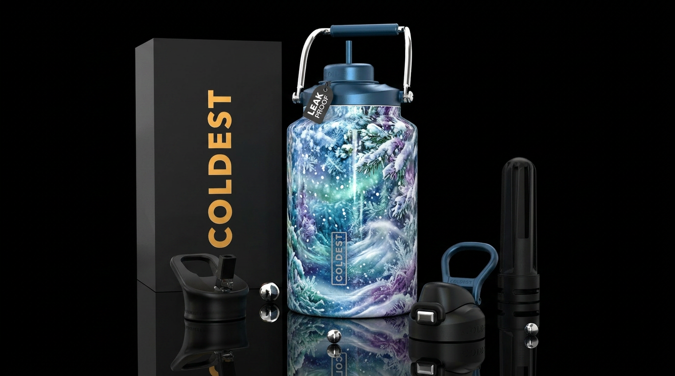 When that first snowfall happens, photorealistic, ... water bottle design