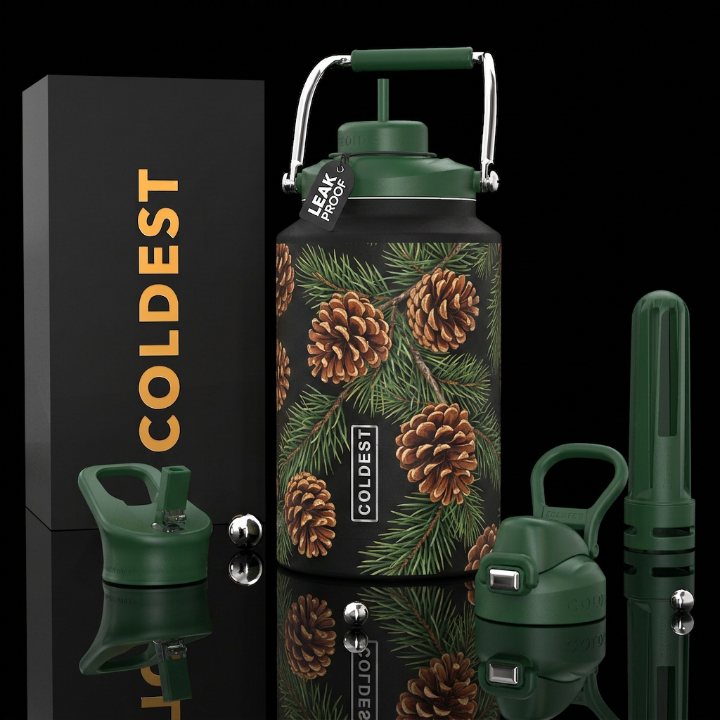 Pine cones in the tree, photorealistic, detailed, ... water bottle design