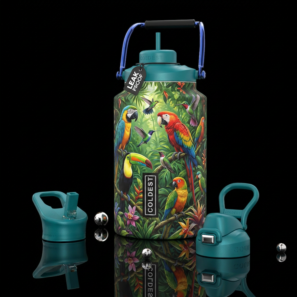 Bird Sanctuary, photorealistic, detailed, lifelike water bottle design