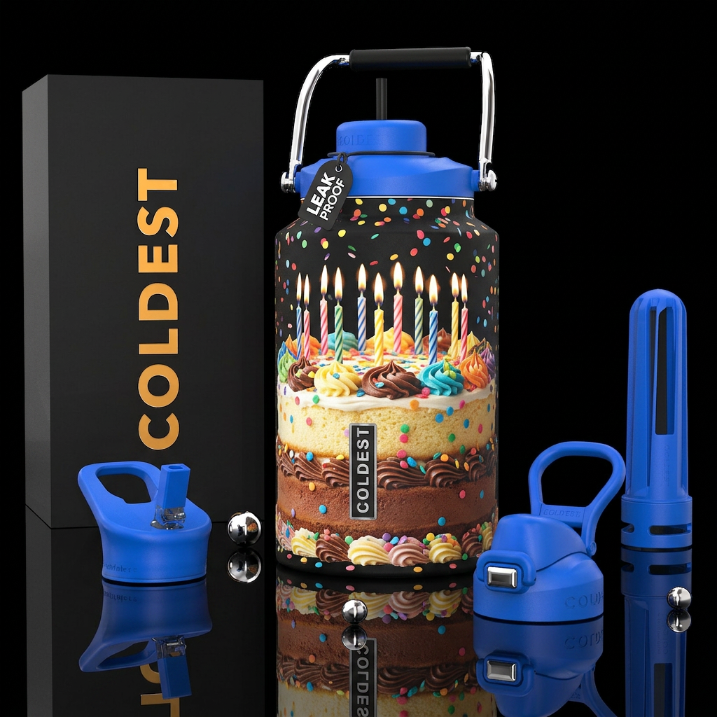 Confetti, birthday cake with candles, photorealist... water bottle design
