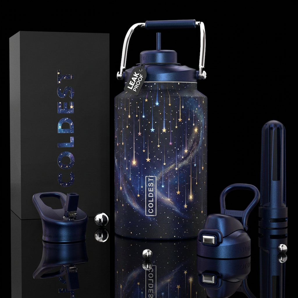 Falling stars, photorealistic, detailed, lifelike water bottle design