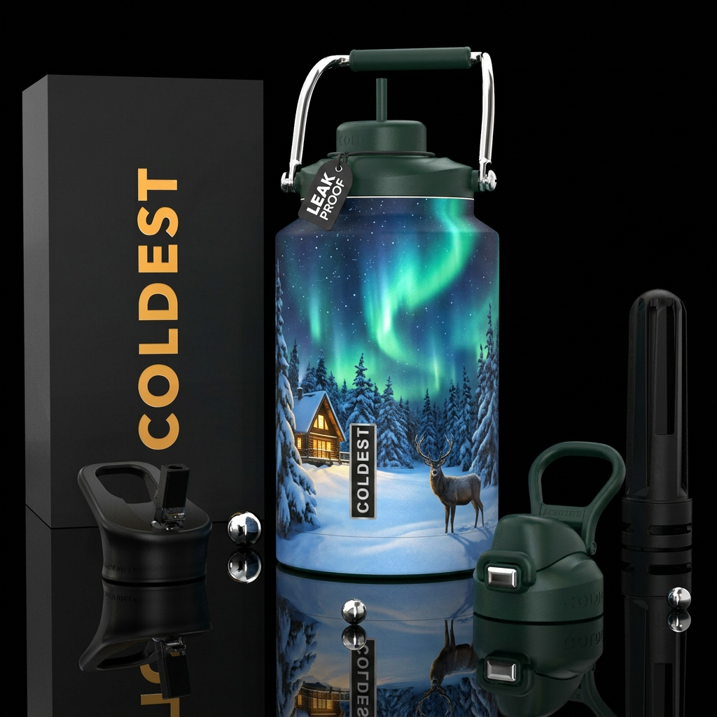 Cabin in the snowy woods at night with the aura in... water bottle design
