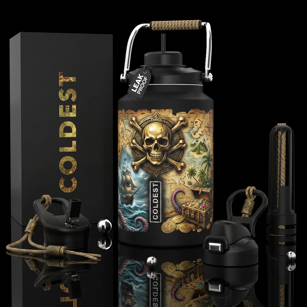 Pirate theme, photorealistic, detailed, lifelike water bottle design