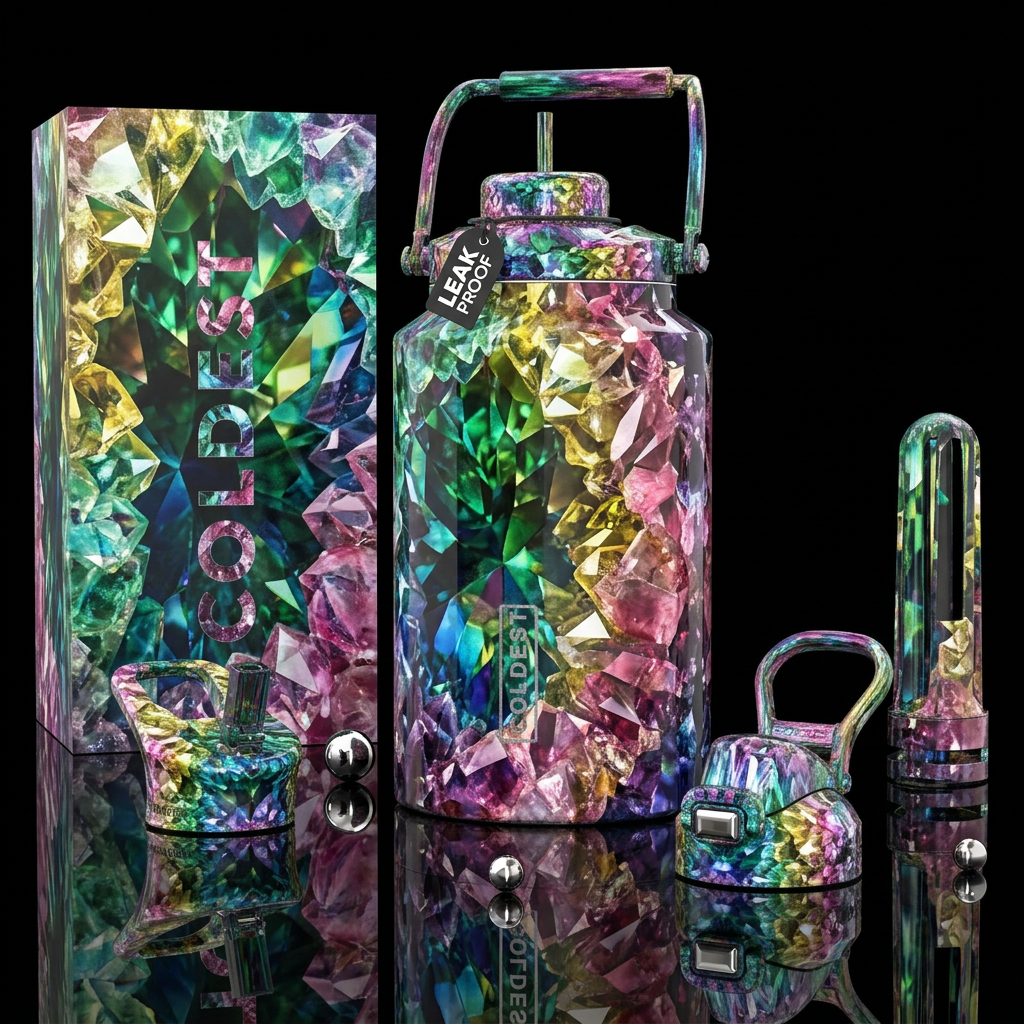 May Crystal, photorealistic, detailed, lifelike water bottle design