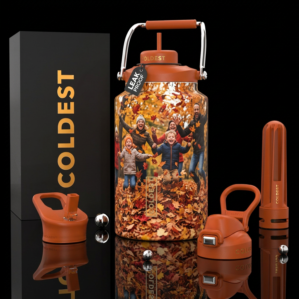 Jumping in leaf pile, photorealistic, detailed, li... water bottle design