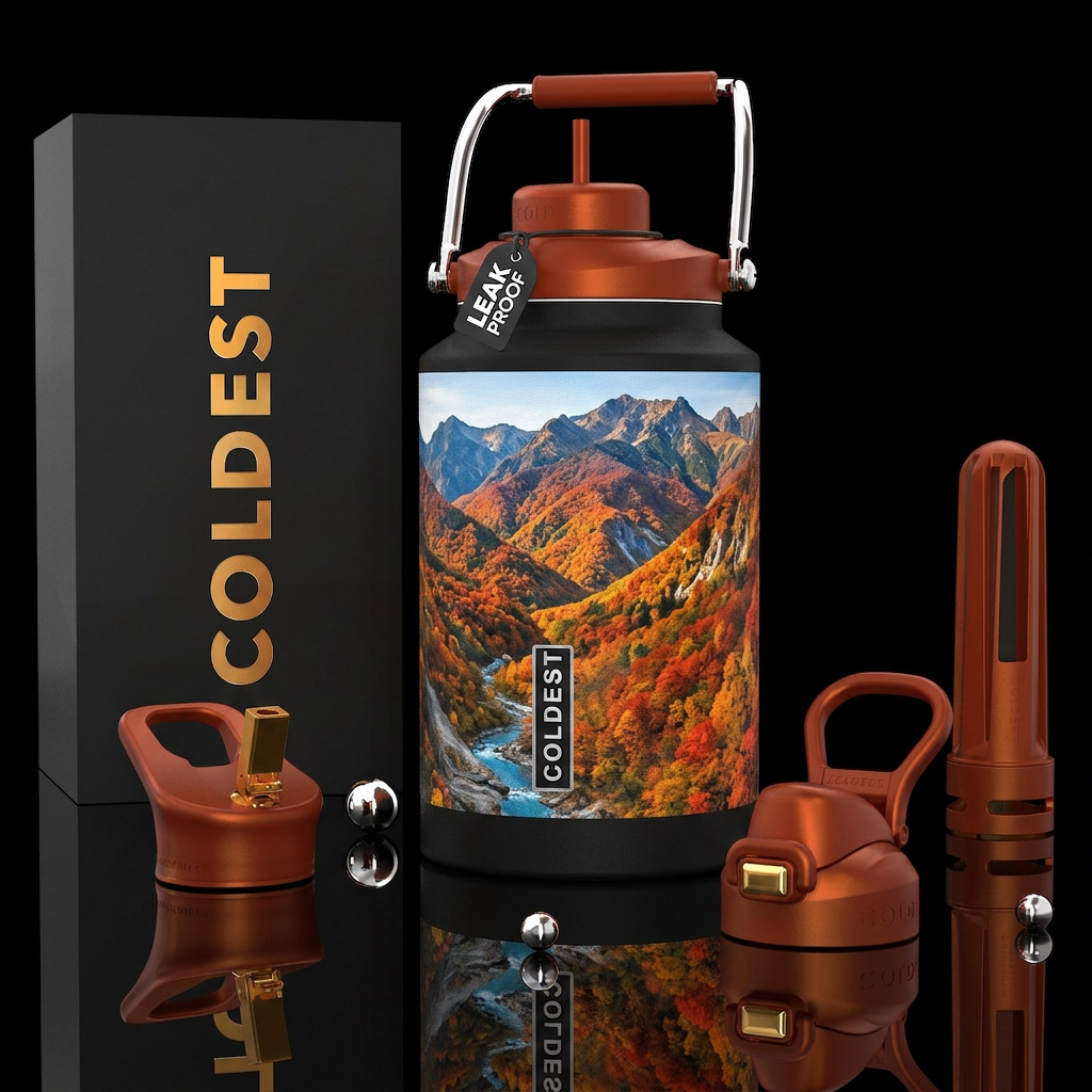 Mountains in Fall, photorealistic, detailed, lifel... water bottle design
