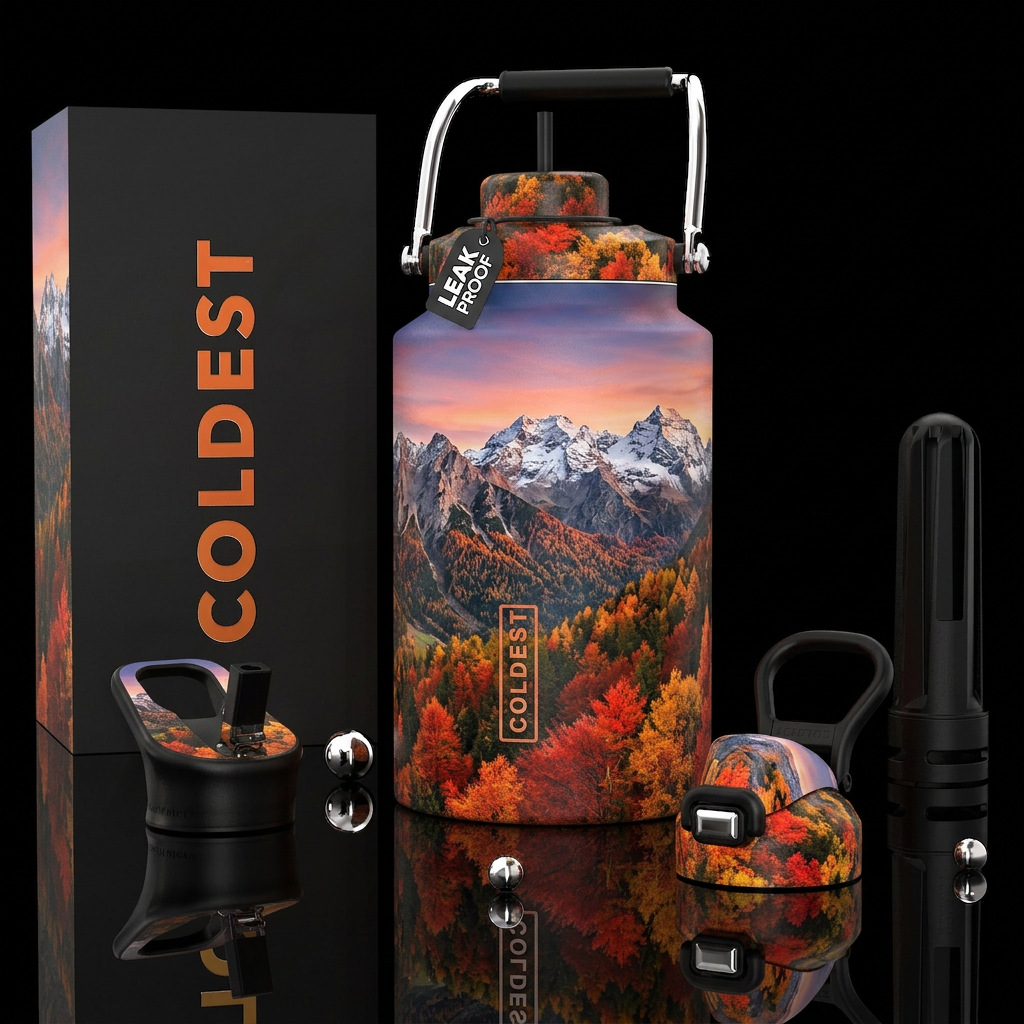 Mountains in Fall, photorealistic, detailed, lifel... water bottle design