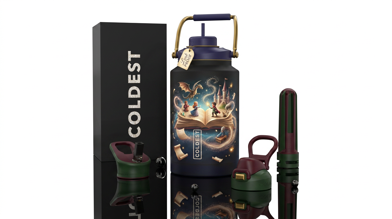 Storybook coming to life, photorealistic, detailed... water bottle design