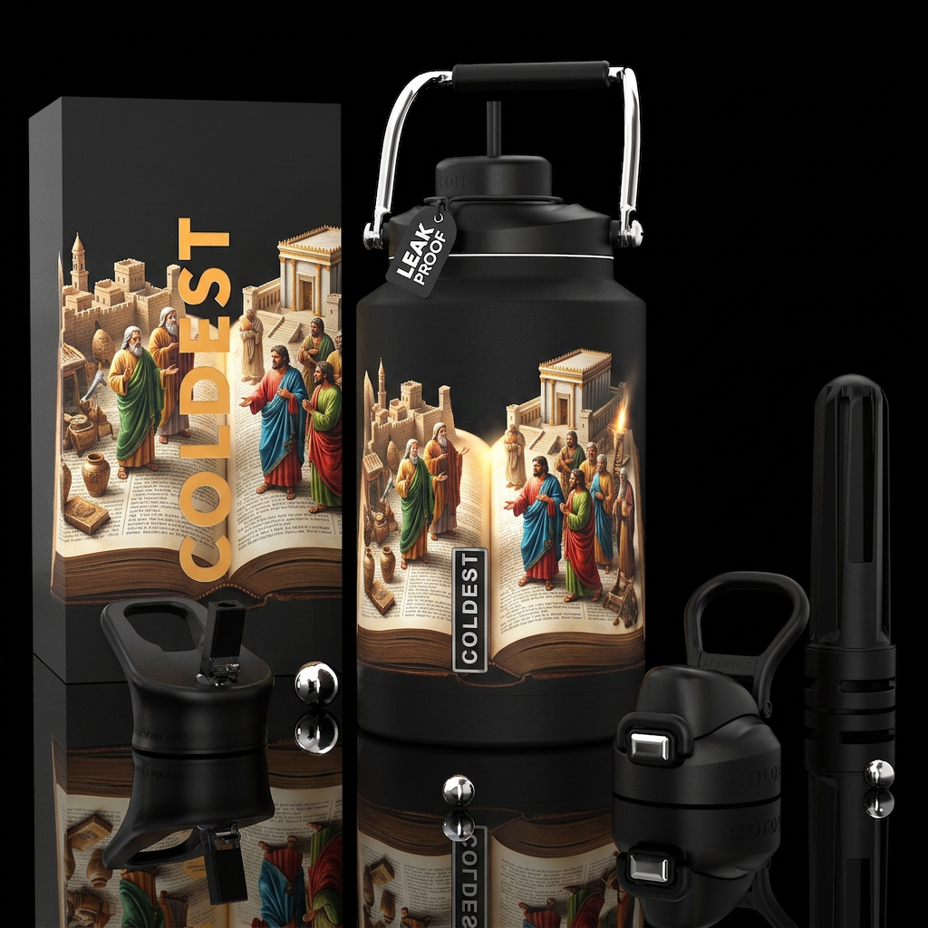 Bible coming to life, photorealistic, detailed, li... water bottle design