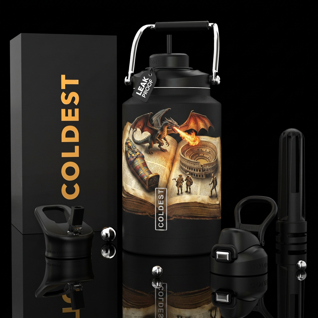 History book coming to life, photorealistic, detai... water bottle design