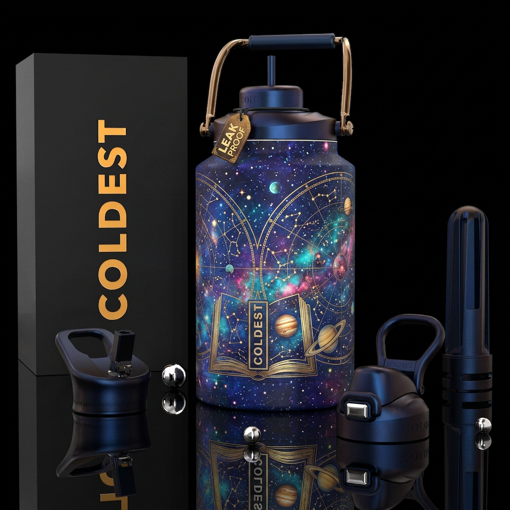 An astronomy book coming to life, photorealistic, ... water bottle design