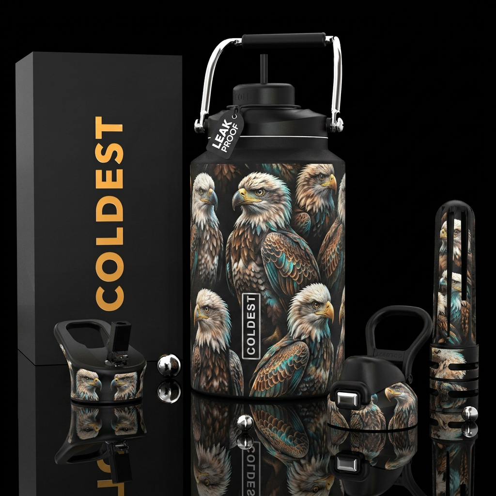 Baby Eagles, photorealistic, detailed, lifelike water bottle design