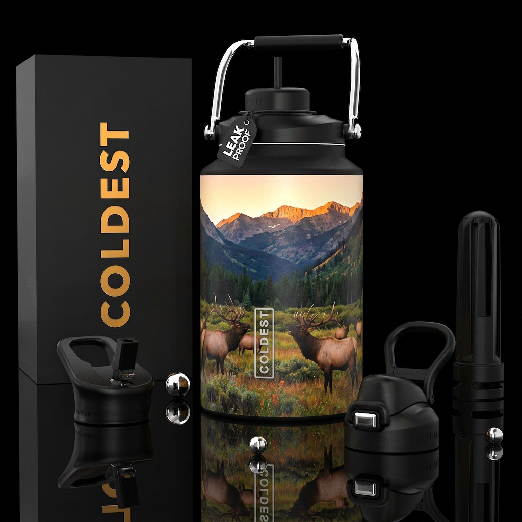 Elk Country, photorealistic, detailed, lifelike water bottle design