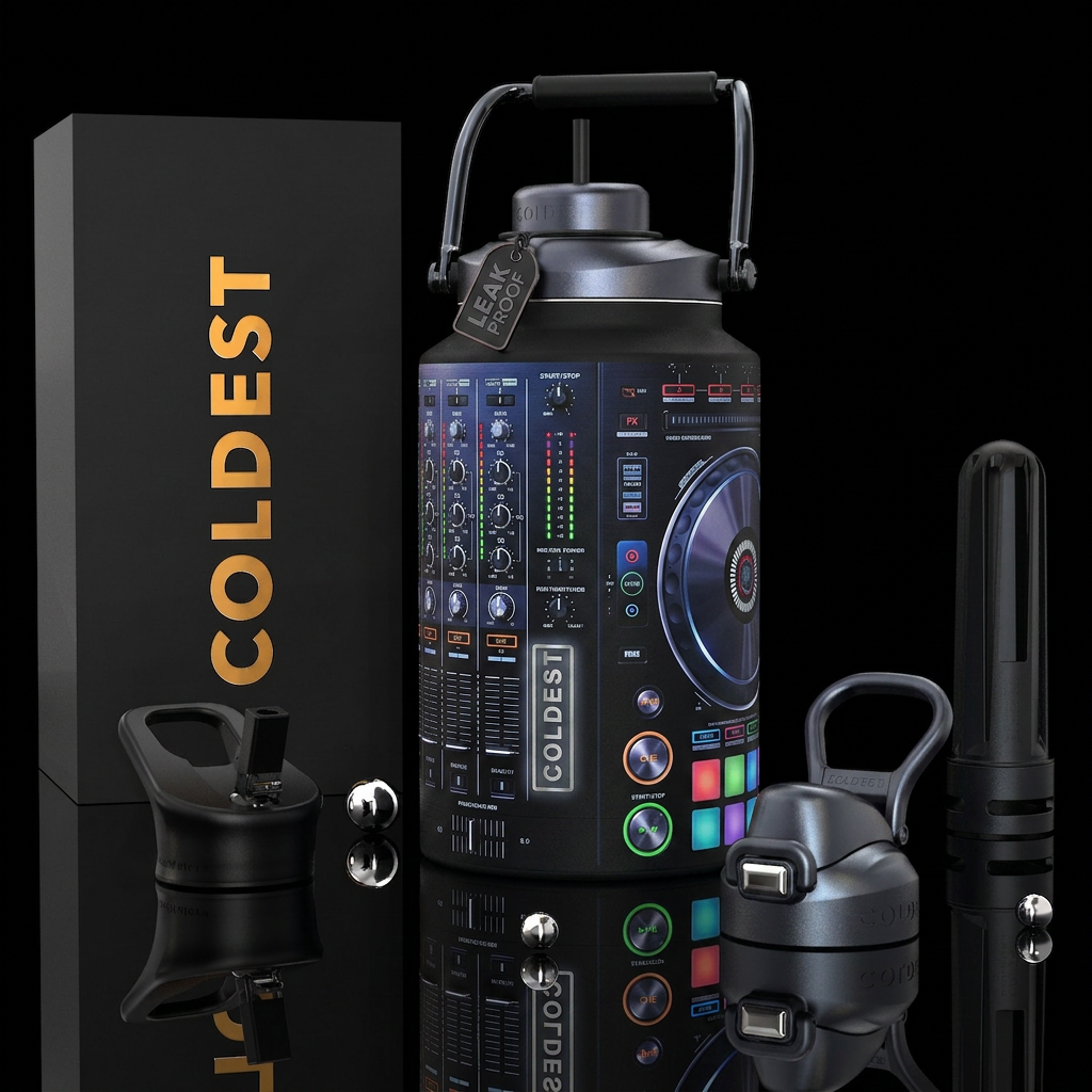 DJ mixer, photorealistic, detailed, lifelike water bottle design