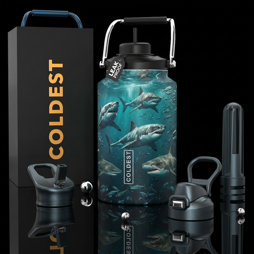 Shark season, photorealistic, detailed, lifelike water bottle design