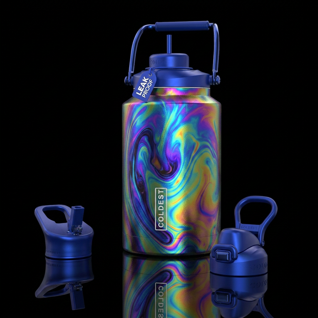 oil painted, irridescent water bottle design