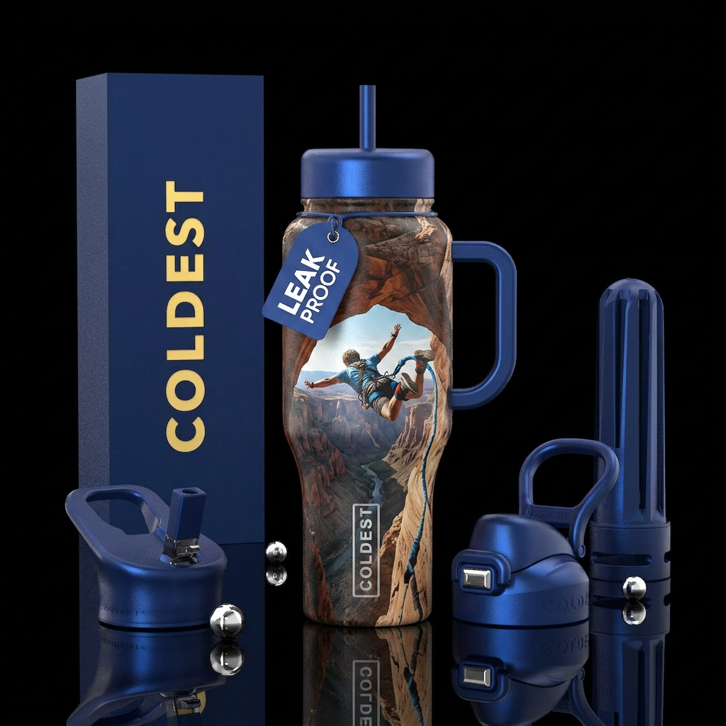 bungee jumping, photorealistic, detailed, lifelike water bottle design