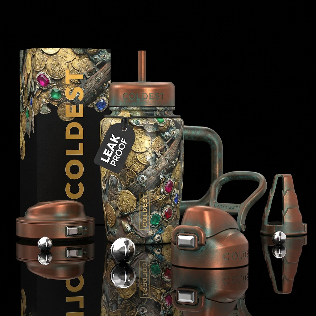 sunken treasure, photorealistic, detailed, lifelik... water bottle design