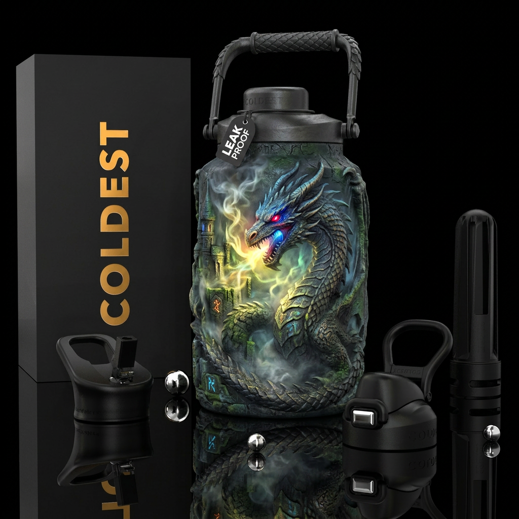 haunted, dragon, photorealistic, detailed, lifelik... water bottle design