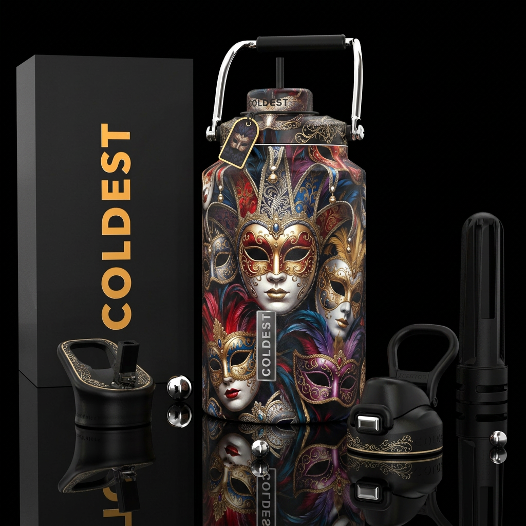 venetian masquerade, photorealistic, detailed, lif... water bottle design