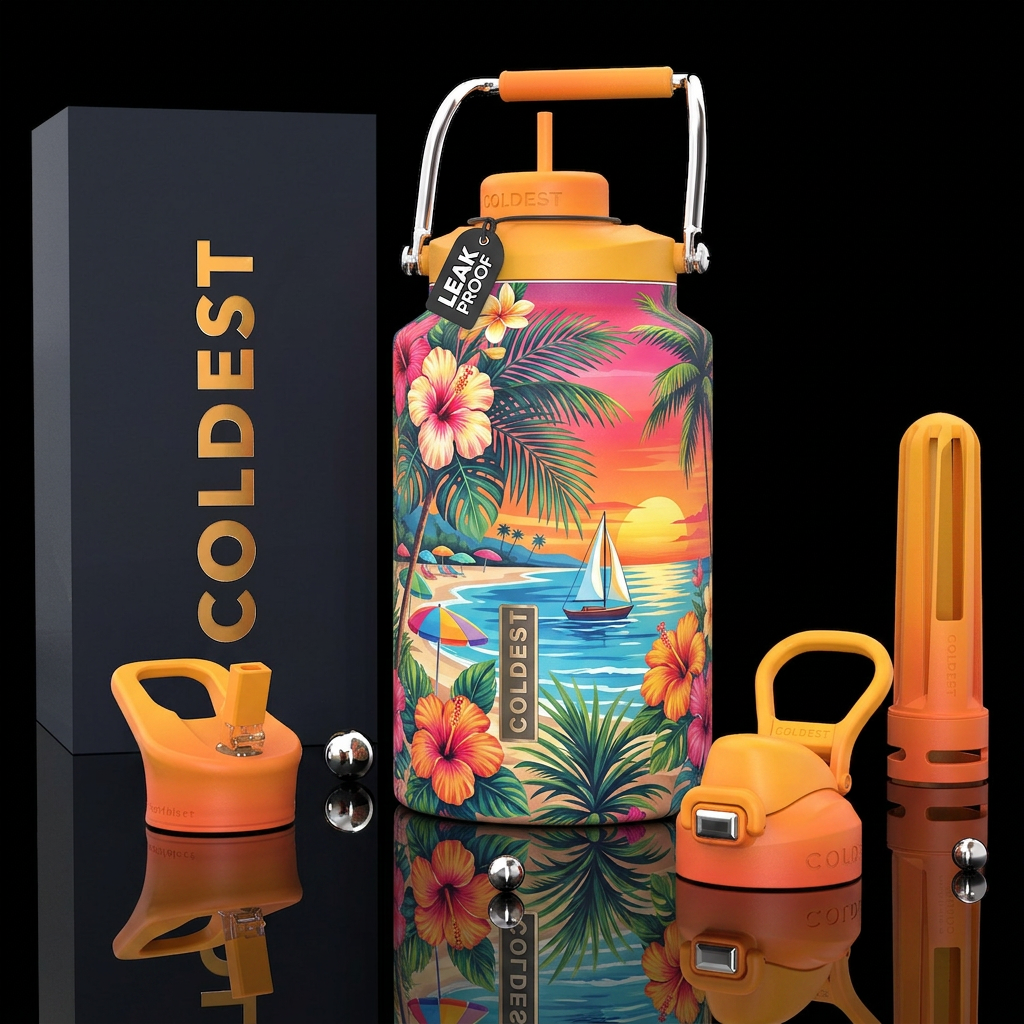 summer vibes, photorealistic, detailed, lifelike water bottle design