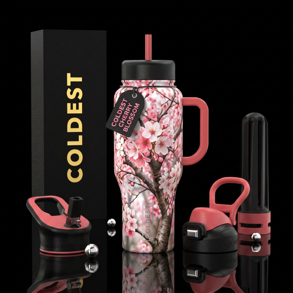 cherry blossom season, photorealistic, detailed, l... water bottle design