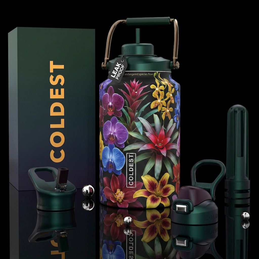Endanger species of Flowers, photorealistic, detai... water bottle design