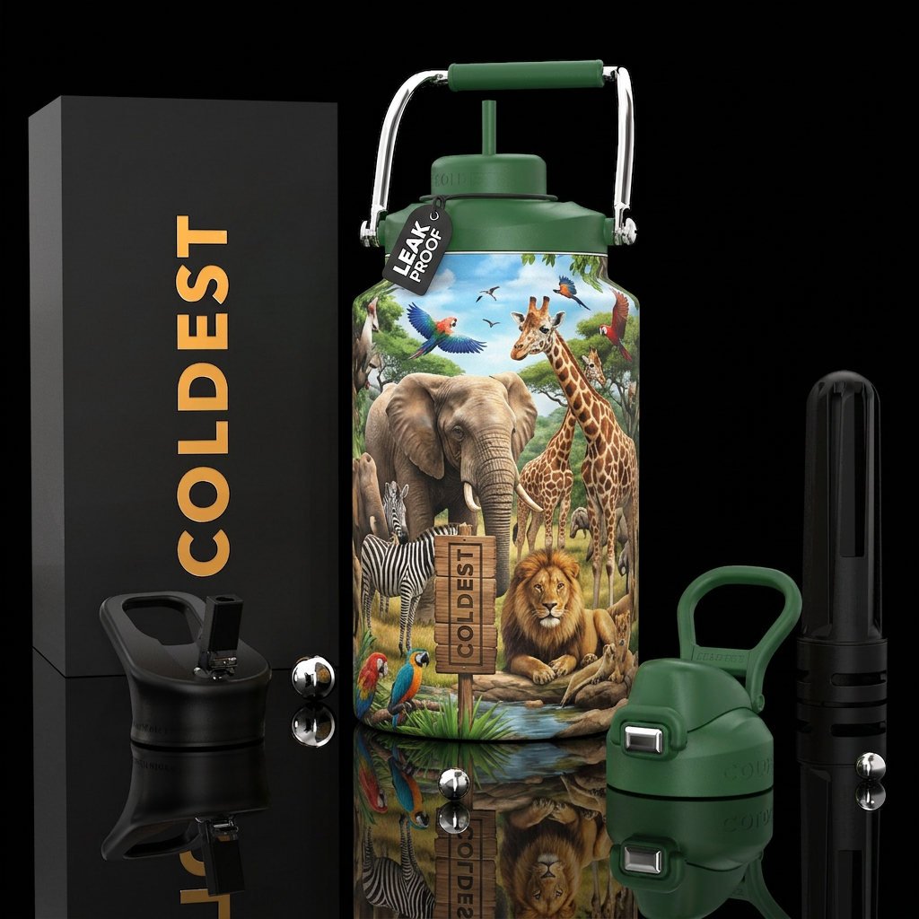 A day at the zoo, photorealistic, detailed, lifeli... water bottle design