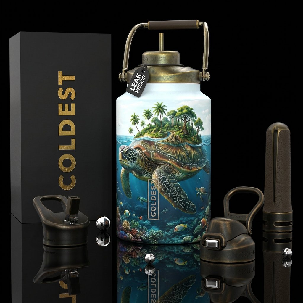 Turtle Island, photorealistic, detailed, lifelike water bottle design