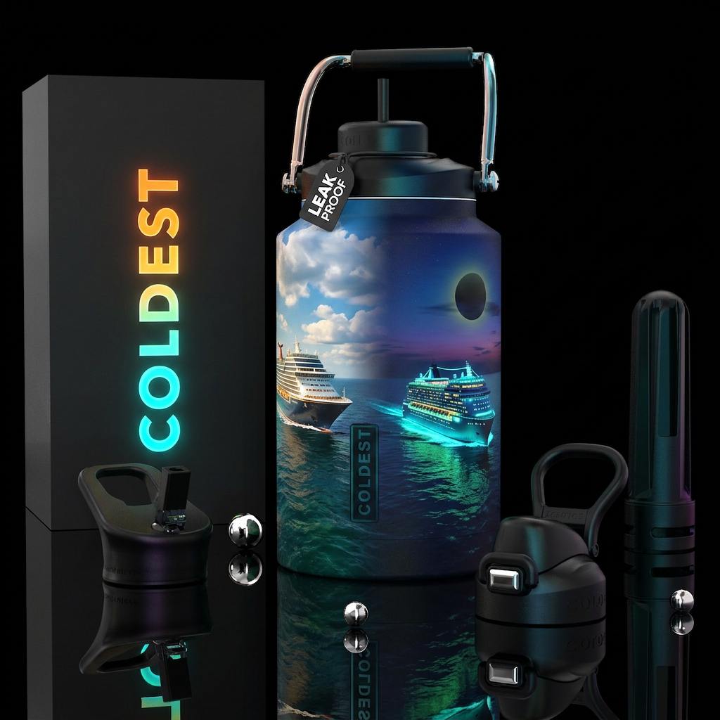 Glows the dark cruise ship at sea where the sun gl... water bottle design
